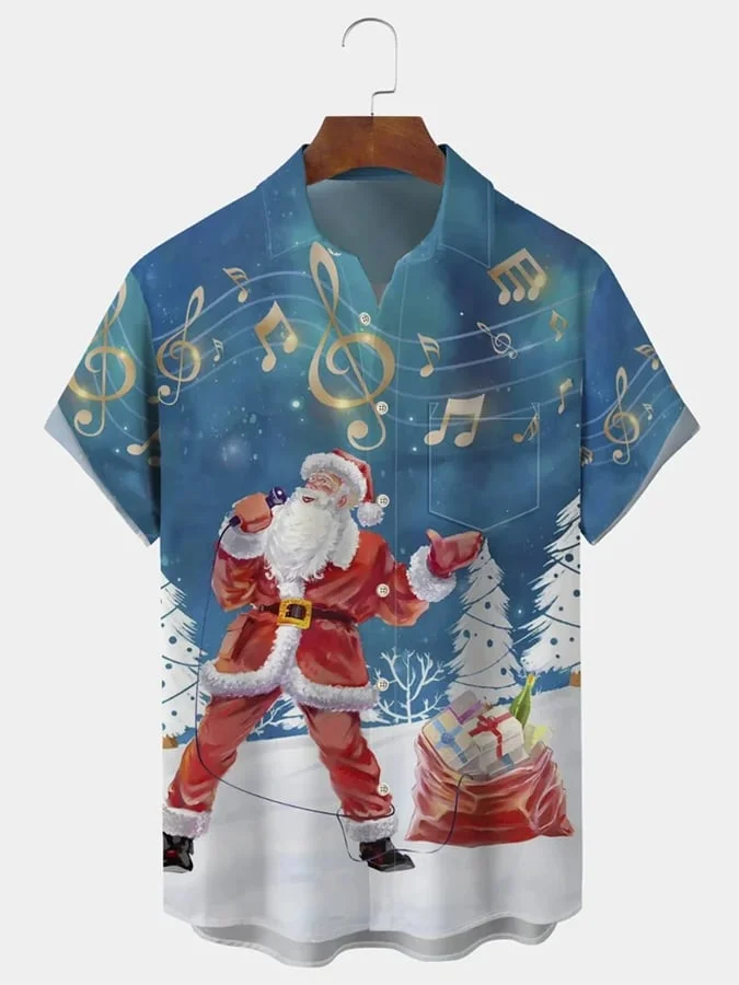 Christmas Santa Claus Singing Print Short Sleeve Casual Men's Shirt