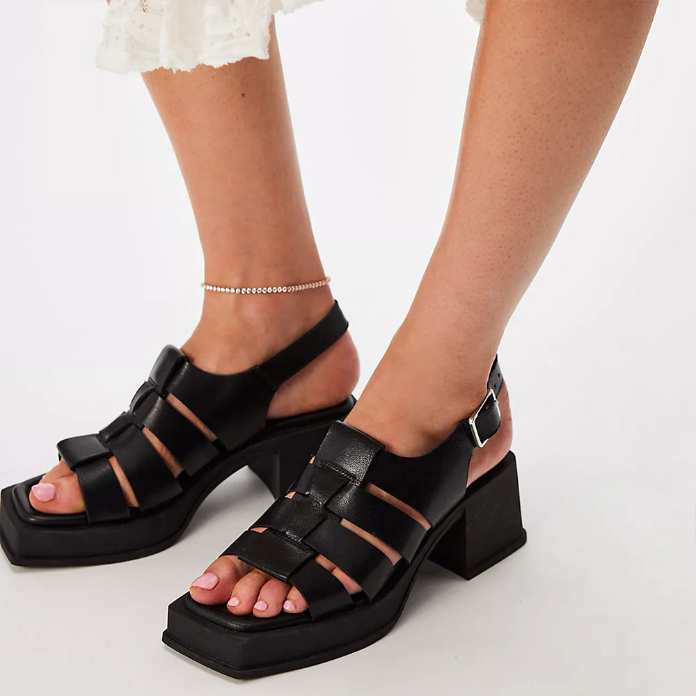 Square Toe Block Heel Hollow-Out Black Platform Sandals for Women Nicepairs
