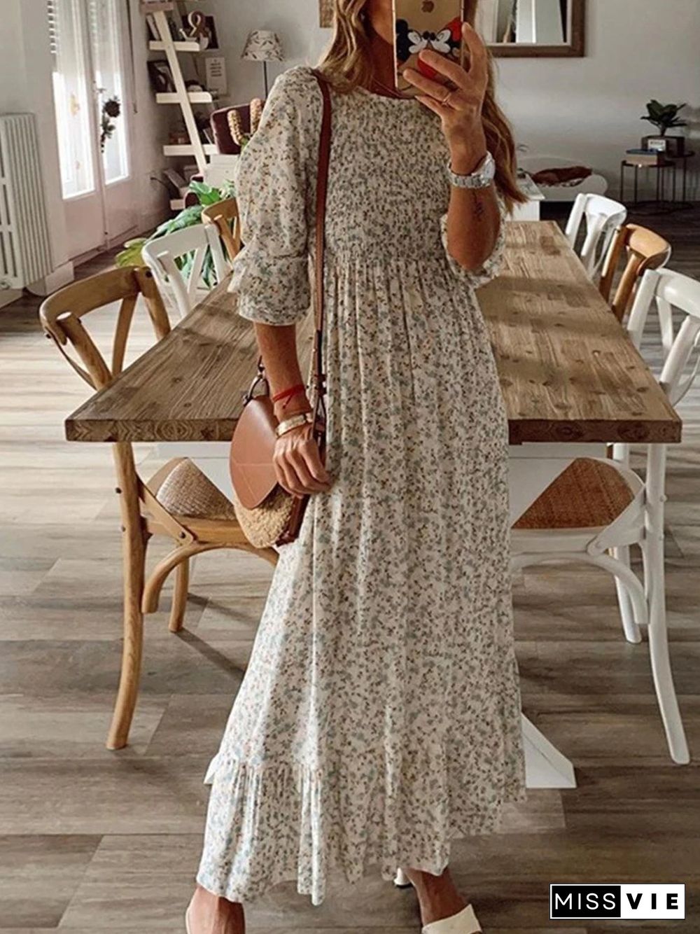 Round-neck Smocked Print Half-sleeved Maxi Dress P14445