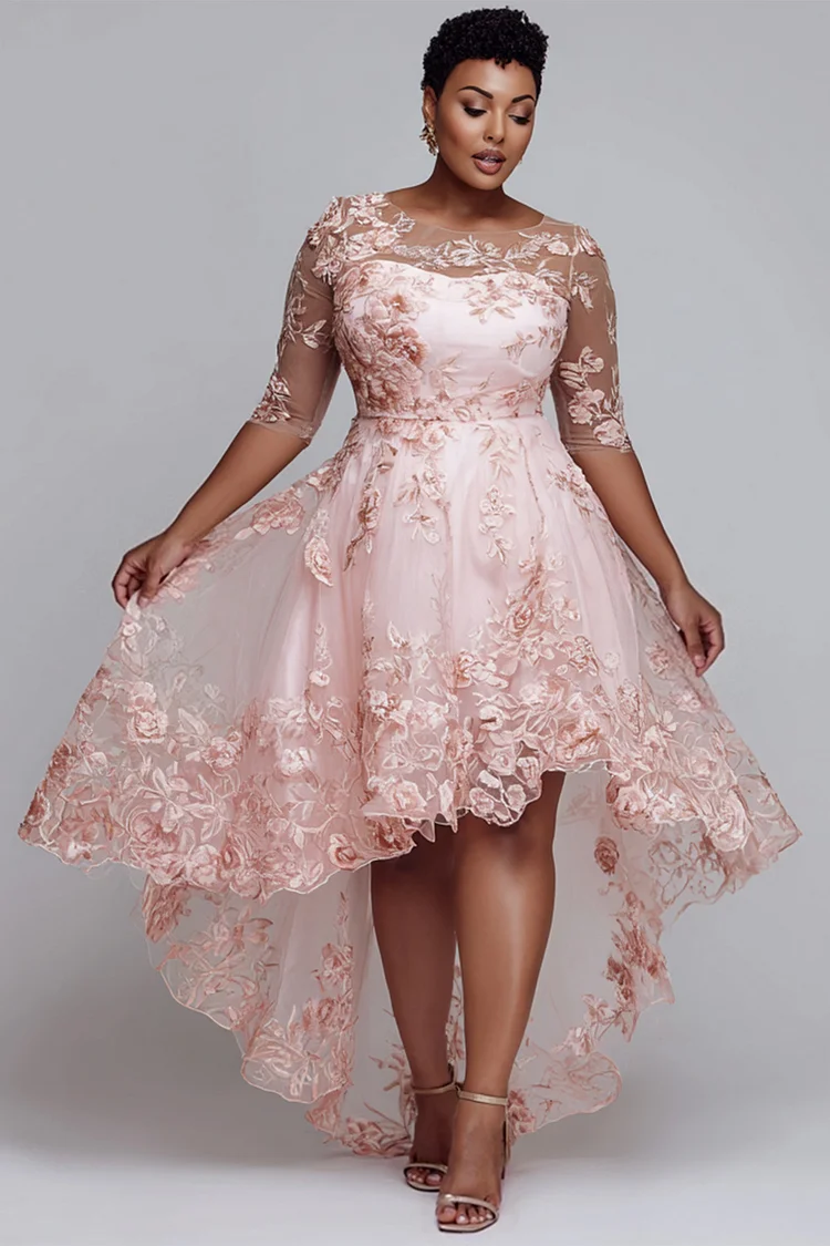 Xpluswear Design Plus Size Semi Formal Pink Round Neck Half Sleeve Asymmetric Hem Elegant See Through Lace Midi Dresses [Pre-Order]