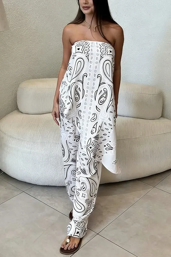 Unique Printed Sleeveless Off-shoulder Top and Elastic Wst Casual Strght Leg Pants Set