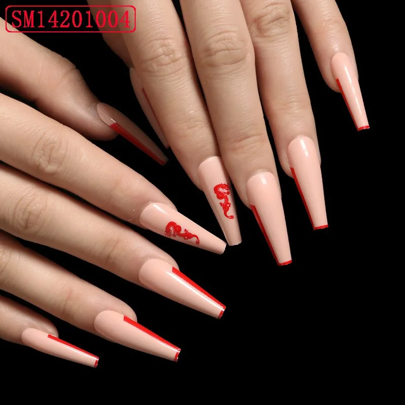 24pcs/Set False Nails Long Red Dragon Pattern Coffin Shaped Press On Nails Acrylic Ballerina Nail Decoration Art Tips-Nail Inspo
