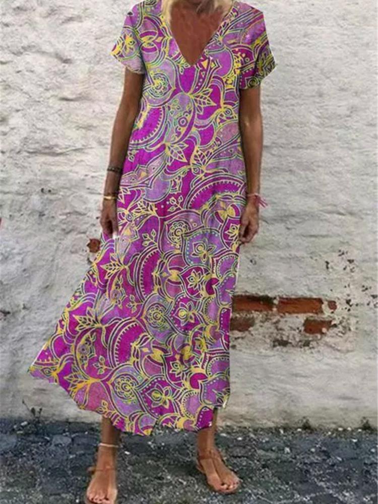 Women's Short Sleeve V-neck Floral Printed Midi Dress