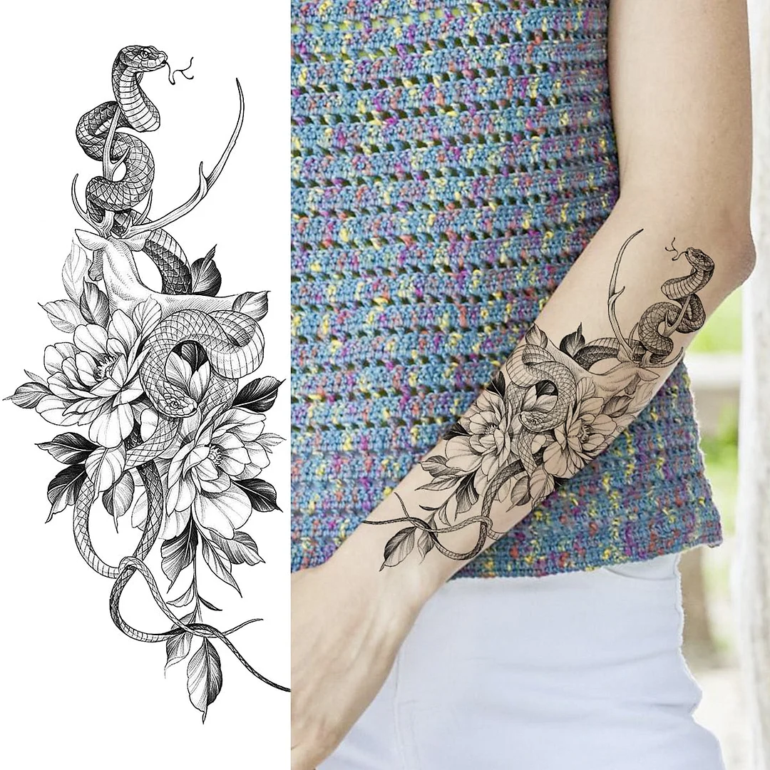 Black Rose Flower Snake Temporary Tattoos For Women Adult Peony Serpent Fake Tattoo Forearm Body Art Painting Waterproof Tatoos
