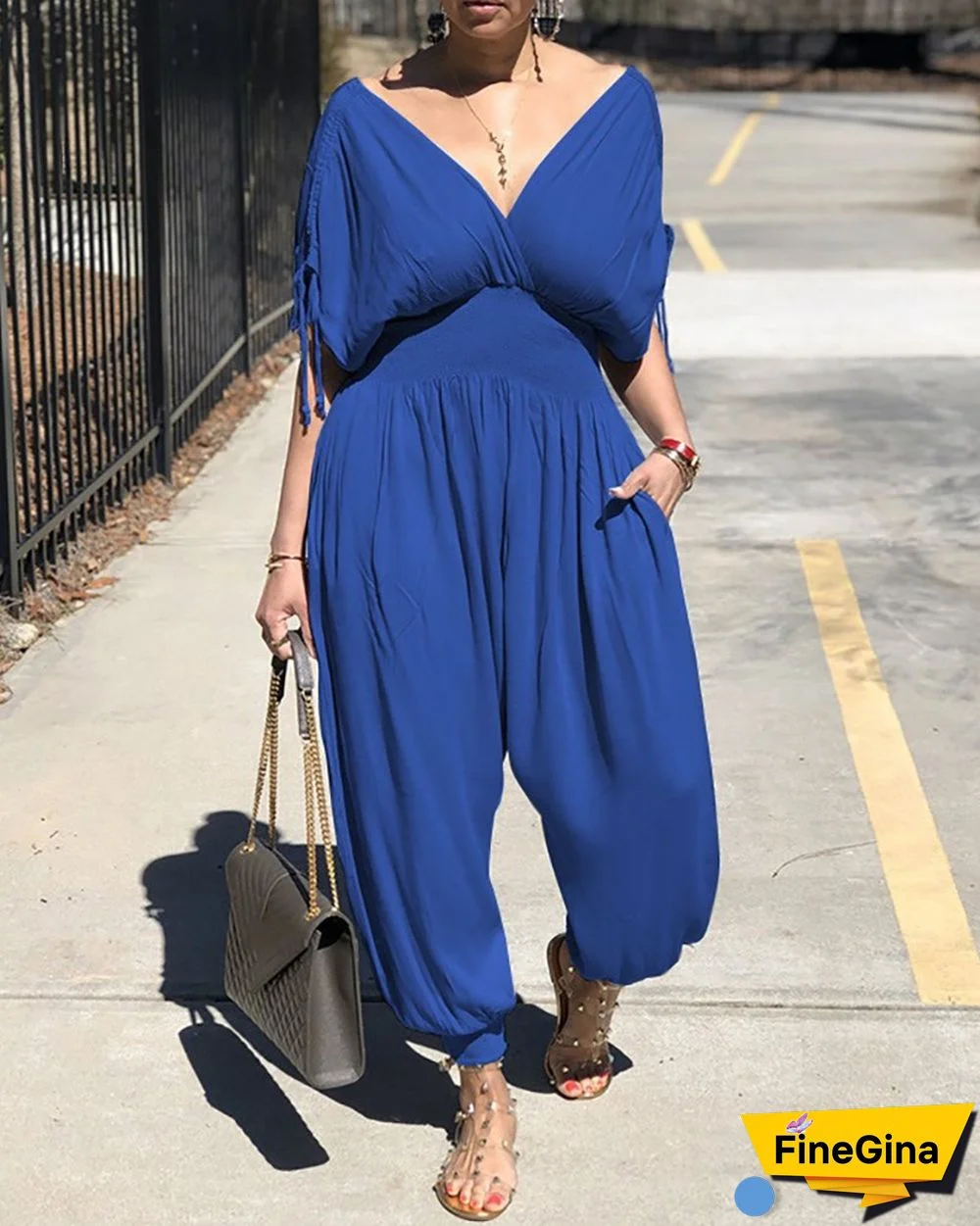 Drawstring Ruched Shirring Waist Jumpsuit