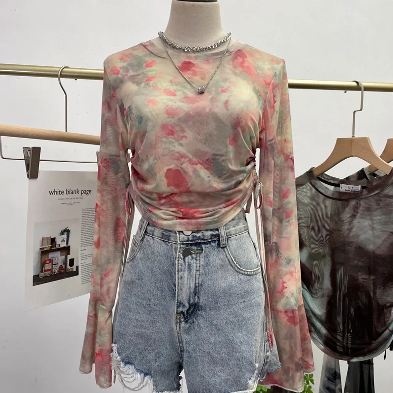 Uveng Sunscreen Not Sultry Hot Tie Dye Net Yarn Long-Sleeved T-Shirt Drawstring Tethered With Short-Sized T-Shirt Horn Sleeve Top 8929