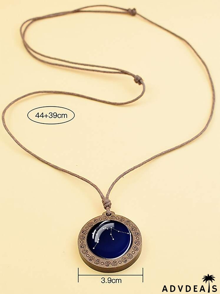 Aquarius Symbol Print Round Charm Necklace