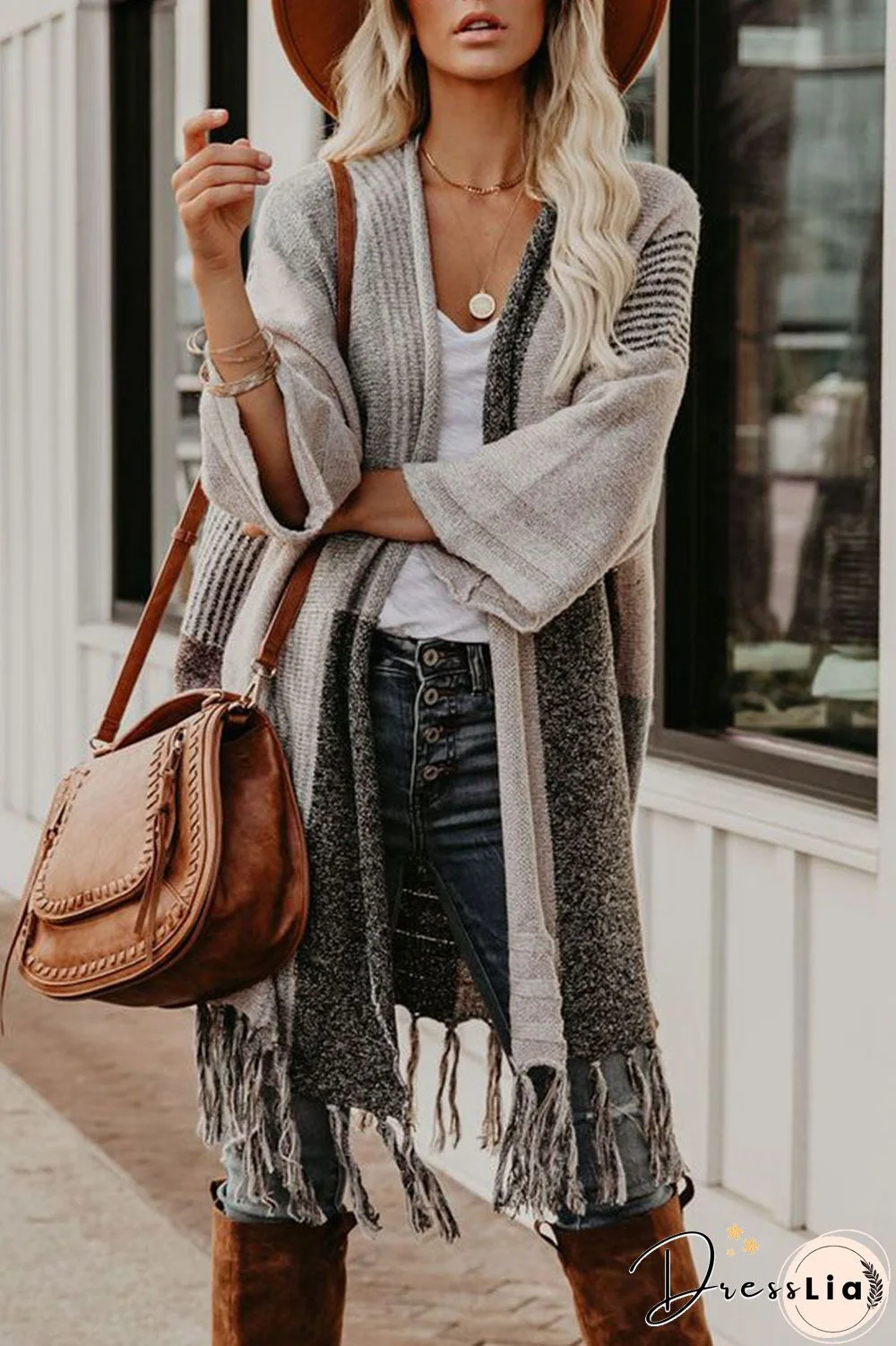 Fringe Colorblock Open Front Cardigan