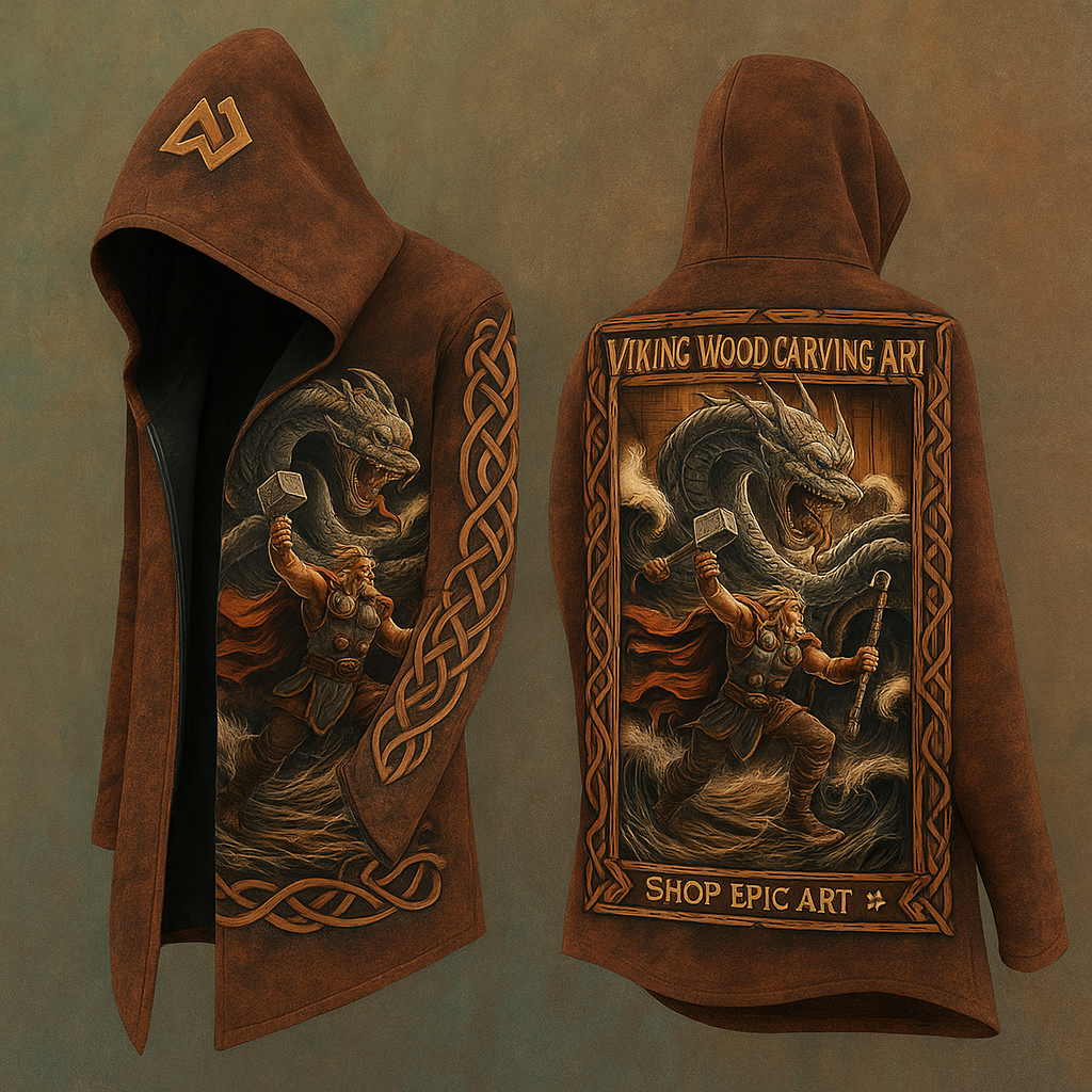 Men's Viking Wood Runes Warrior Vintage Nordic Totem Hooded Jacket