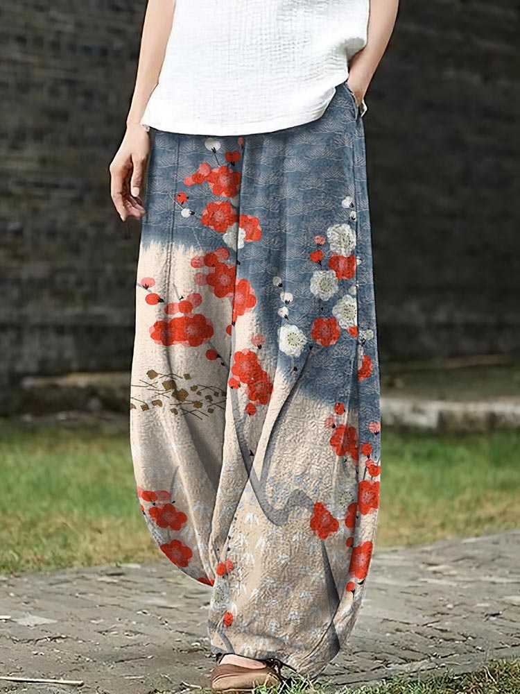 Comstylish Japanese Art Sakura Print Loose Casual Pants