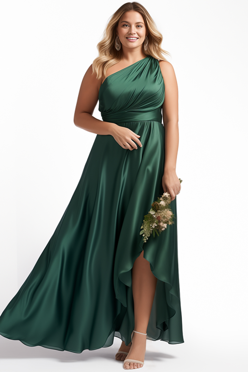 Flycurvy Plus Size Wedding Guest Emerald Green Satin One Shoulder Asymmetrical Hem Maxi Dress