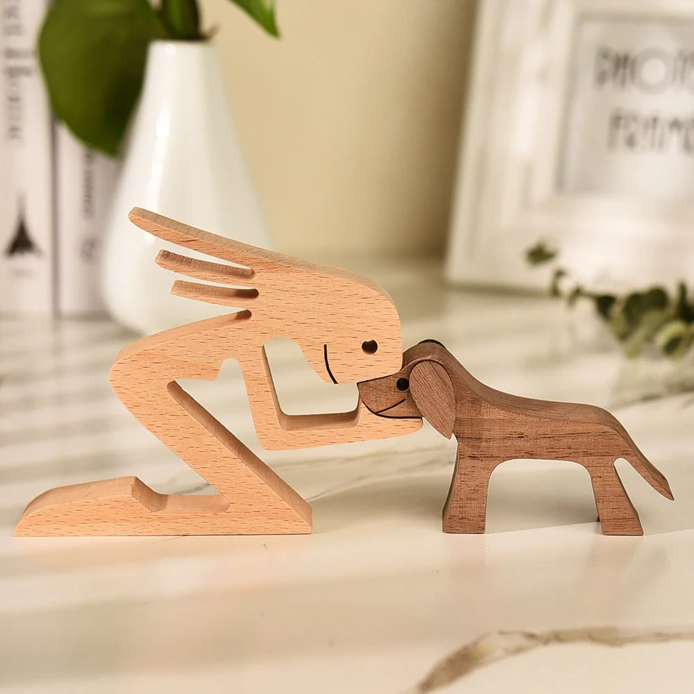 Home Decor Table Ornament Wood Dog Craft Sculpture Handmade Wooden Pets Figurine Crafs Desk Decorations Great Gifts for Friends