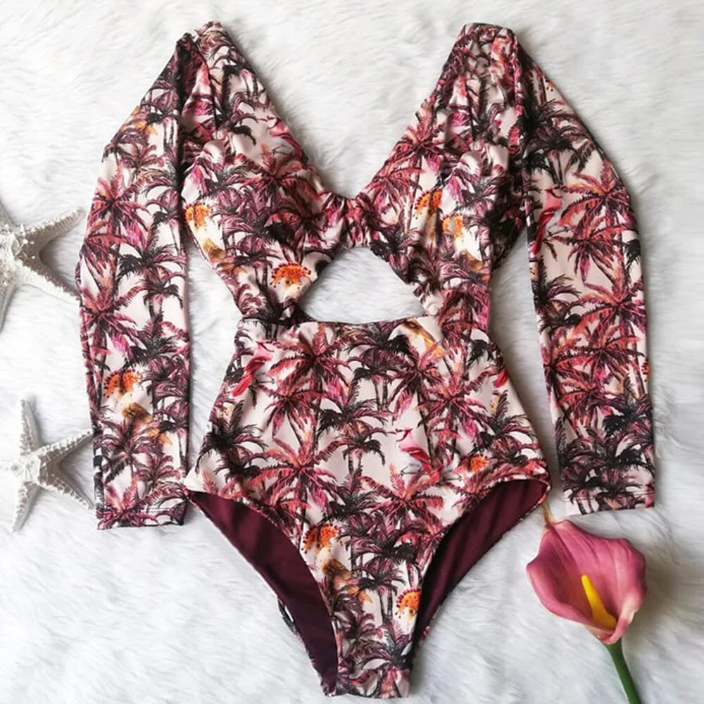 Long Sleeve Print Floral 2021 New One Piece Swimsuit Swimwear Women Zipper Bathing Suit Retro Swimsuit Vintage Surfing Swim Suit