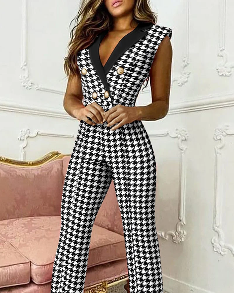 Graduation Gifts  2022 Femme Double Breasted Sleeveless Bodysuit Office Lady Clothing Autumn Women Houndstooth Print Skinny Blazer Jumpsuit