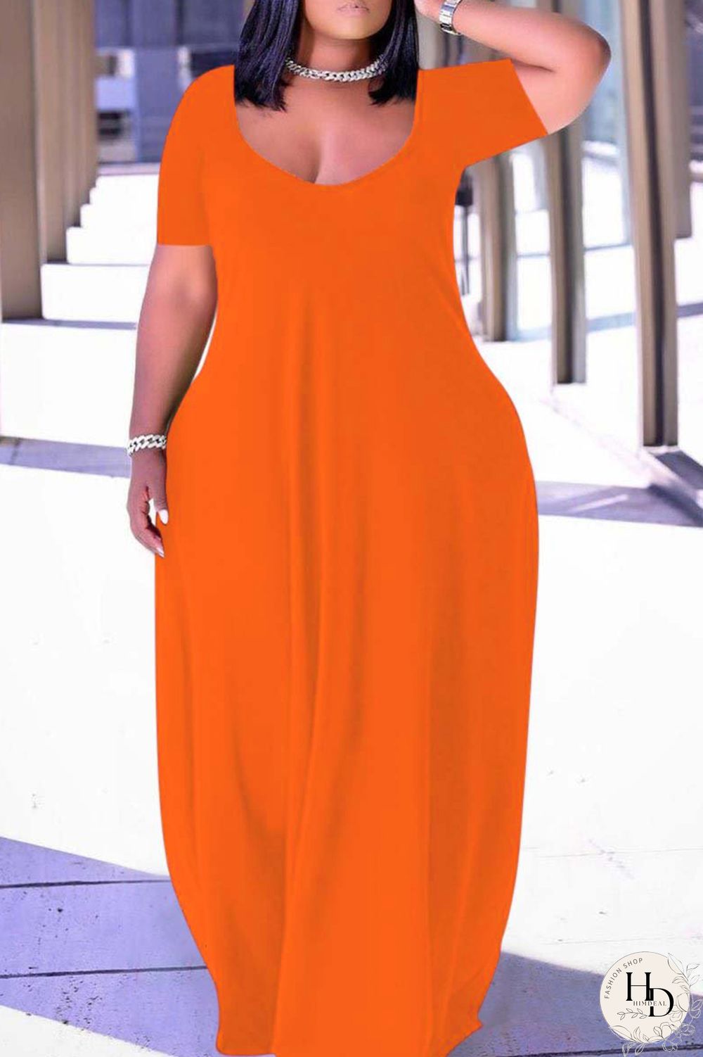 Pink Fashion Casual Plus Size Solid Patchwork V Neck Short Sleeve Dress