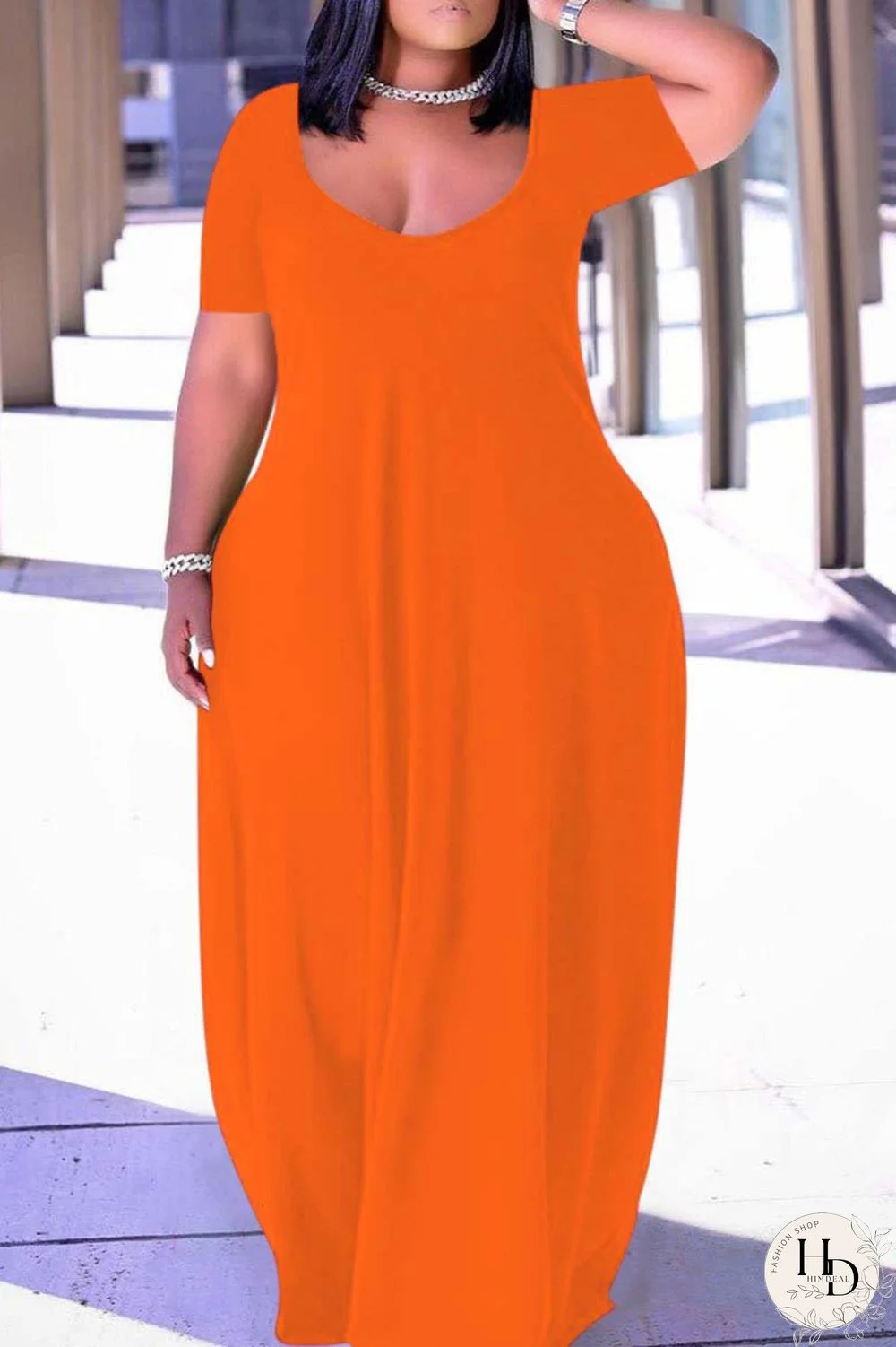 Pink Fashion Casual Plus Size Solid Patchwork V Neck Short Sleeve Dress