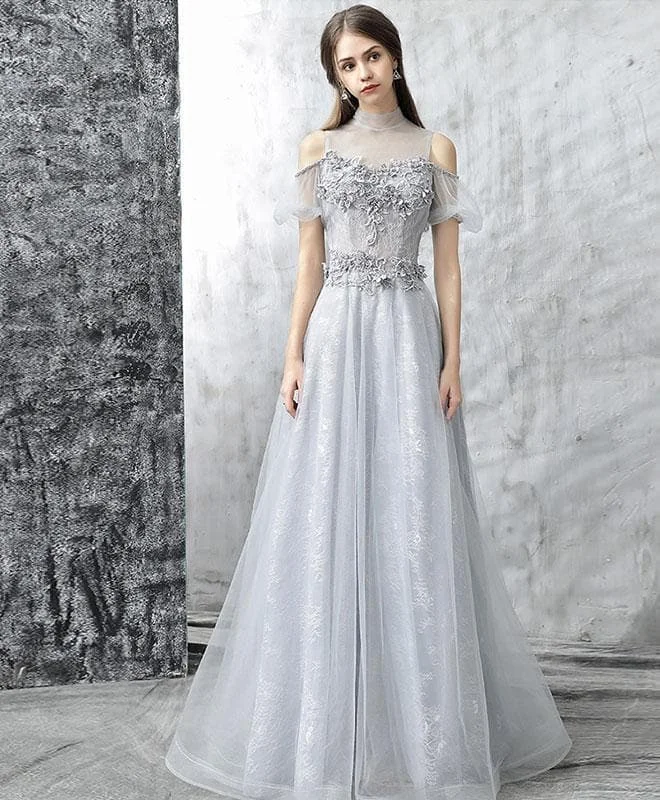 Gray Tulle Lace Long Prom Dress, Gray Evening Dress