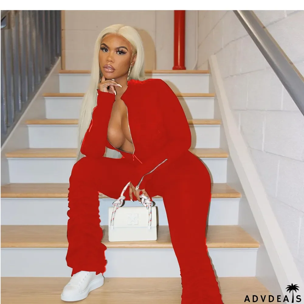 Solid Long Sleeve Zipper Stacked Jumpsuit