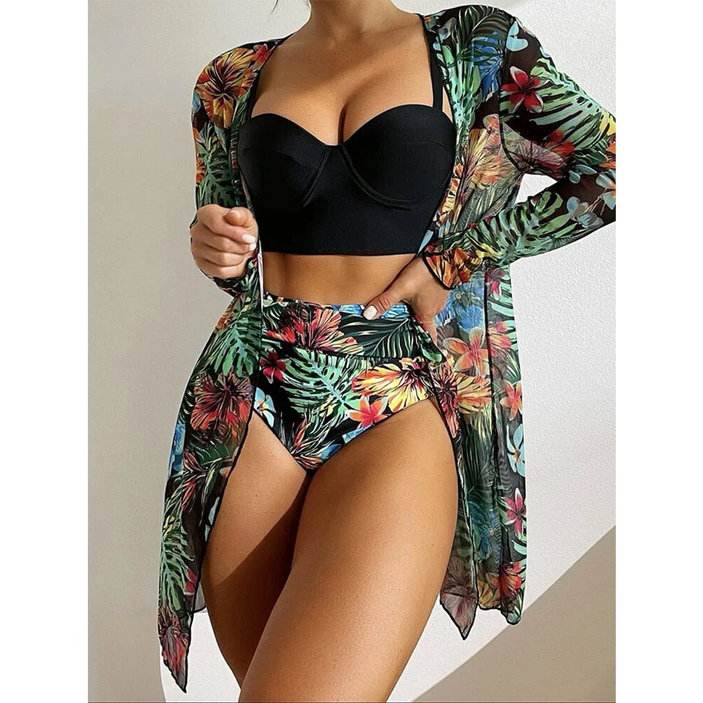 2022 Sexy Bikinis And Cover Set Women Swimsuit Printed Swimwear High Waist Summer Strappy Bathing Suit Beach Wear Biquini Female