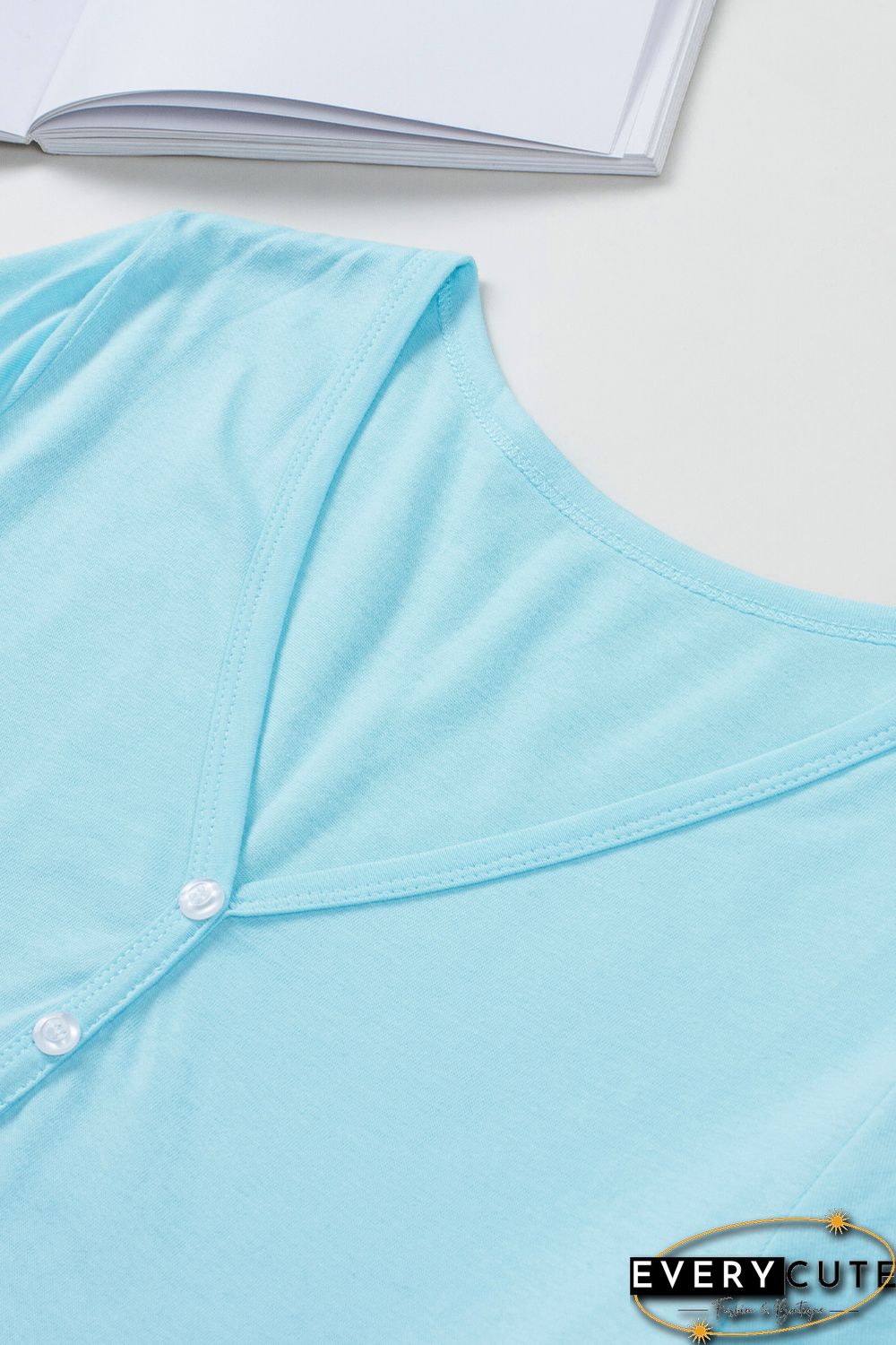 Sky Blue Leopard Color Block Buttoned V Neck T Shirt