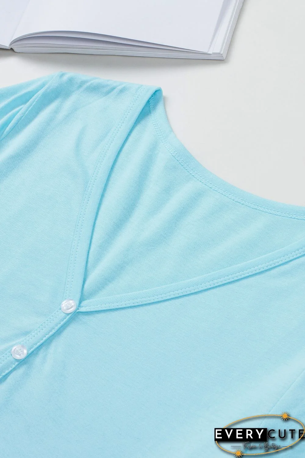 Sky Blue Leopard Color Block Buttoned V Neck T Shirt