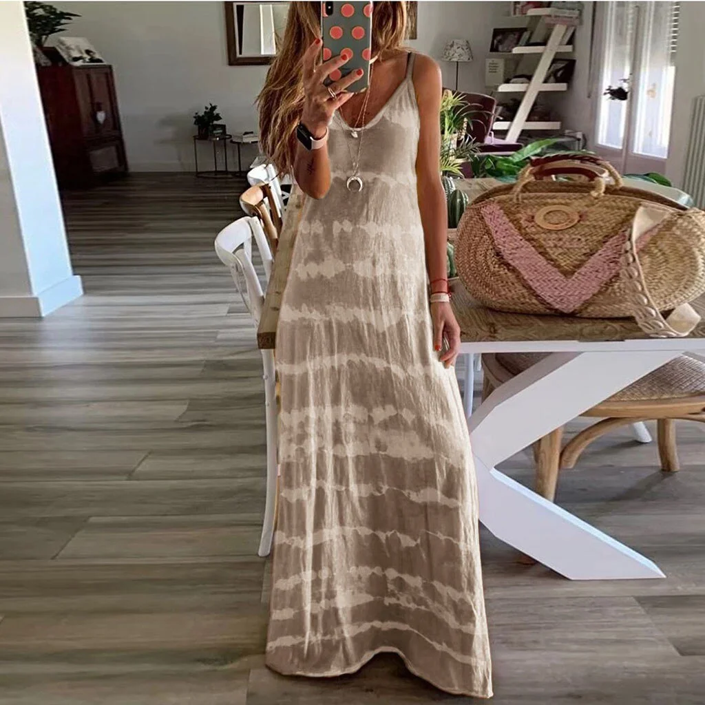 Plus Size Dress Women Gradient Tie-Dye Striped Summer Dresses V Neck Sleeveless Casual Bohemian Maxi Dress Beach Tank Dresses