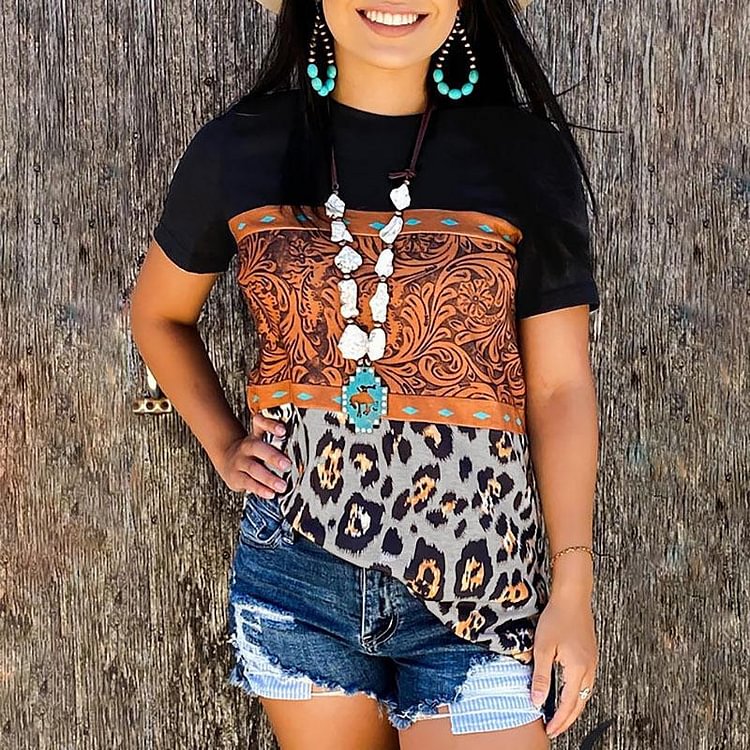 Women's Casual Leopard Print Collision Color Short-Sleeved T-Shirt​