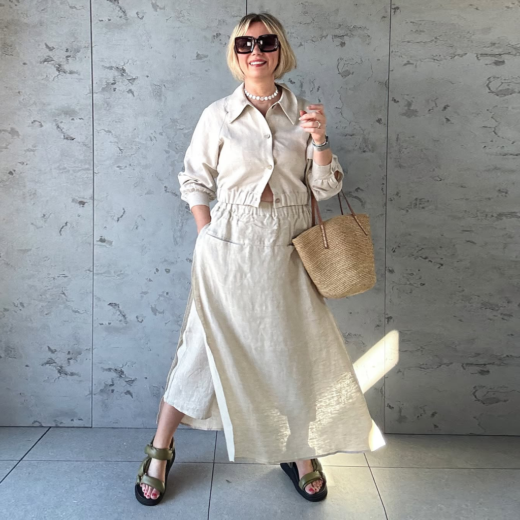 Linen Two Piece Set Women 100% Linen Shirt Maxi Skirt Set REAL SILK LIFE