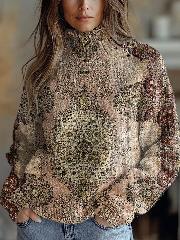 Vintage Symmetrical  Flowers Print Knit Turtleneck Pullover Sweater