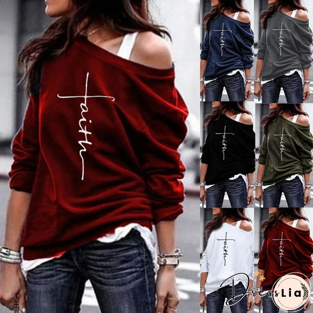 S-5XL Women Long Sleeve Faith Print Shirts Loose Casual Tops Off Shoulder Sweatshirts Women Pullovers