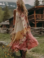 Women's Boho Floral Art V Neck Comfy Sleeveless Maxi Dress