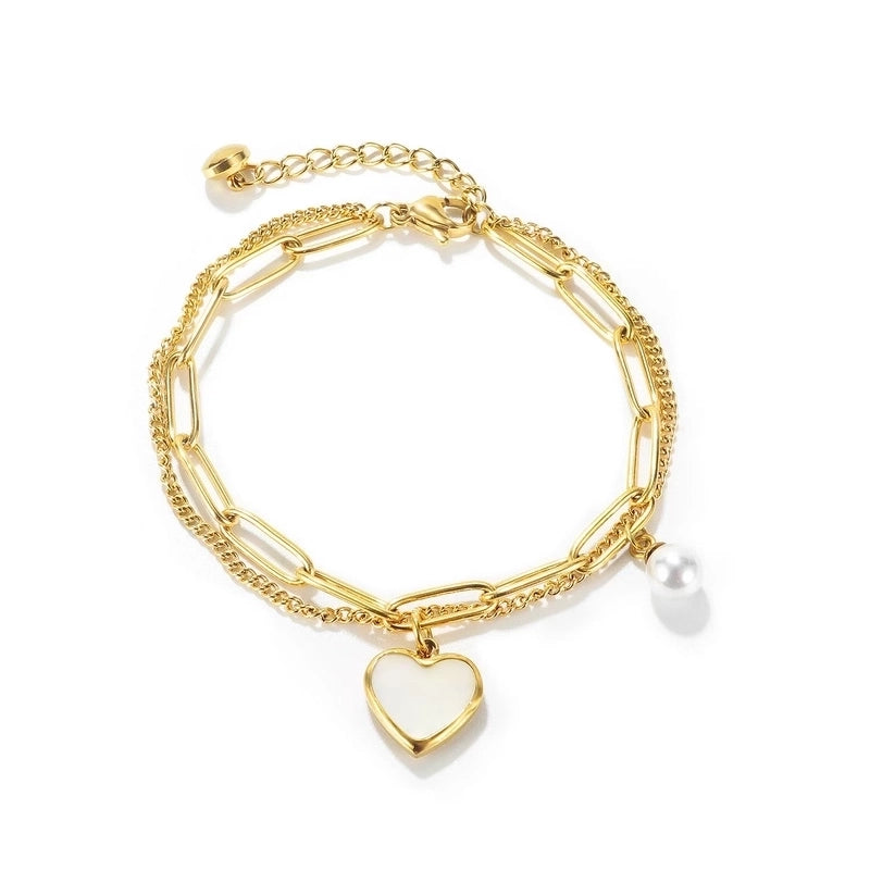 Casual Minimalist Heart Shape Titanium Steel 18K Gold Plated Artificial Pearls Shell Paperclip Chain Bracelets In Bulk