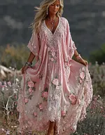 Women Vintage Pink Floral Art Linen Blend Casual Maxi Dress