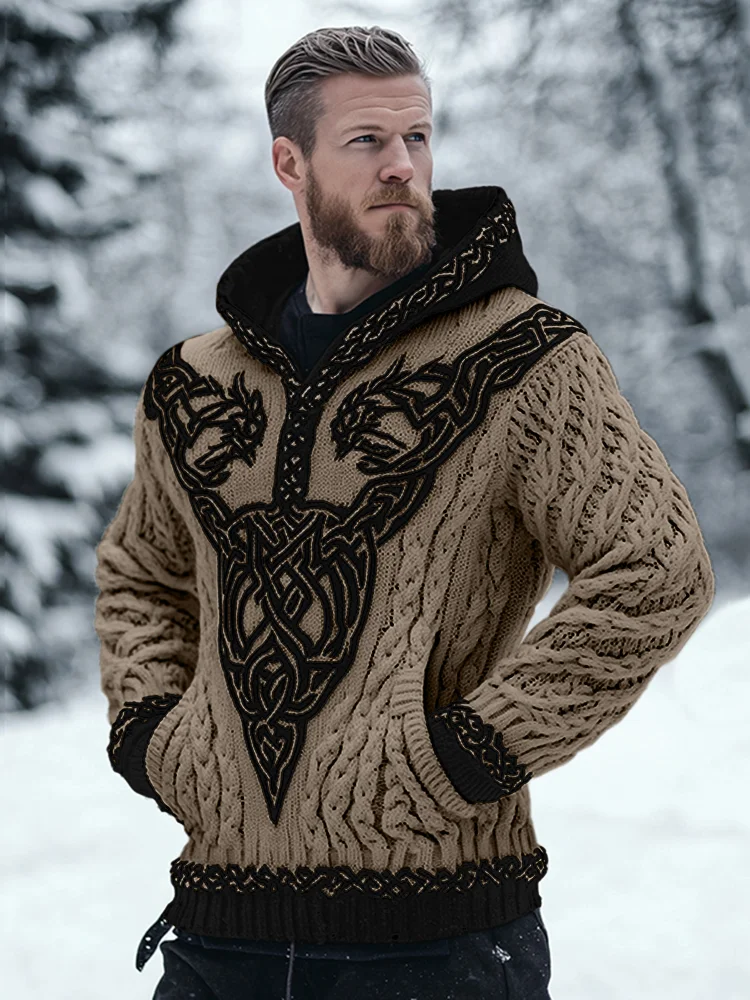 Men's Viking Celtic Contrast Cozy Chunky Hooded Sweater