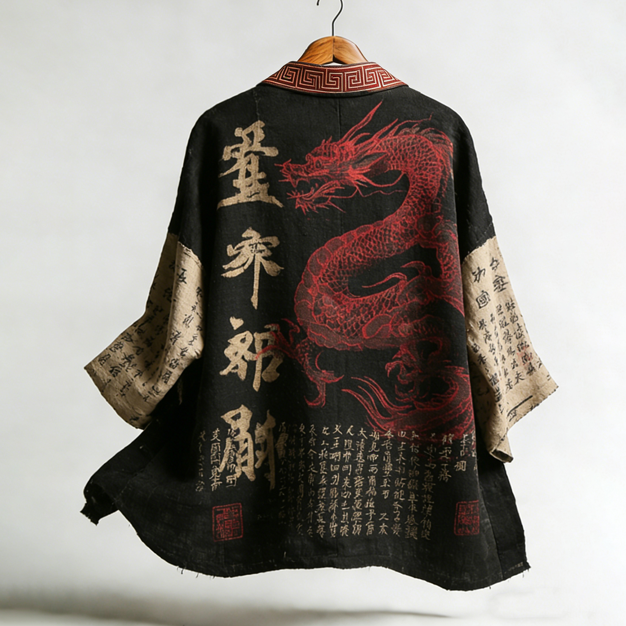 Men's Retro Japanese Calligraphy And Dragon Art Pattern Linen Blend Shorts Kimono  artssus