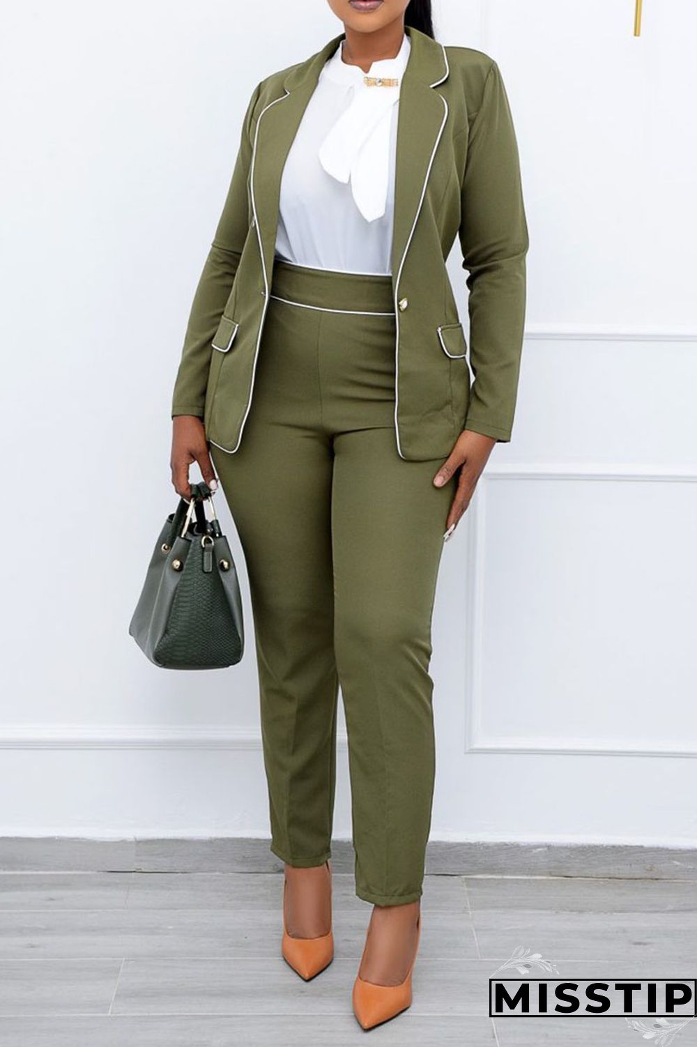 Army Green Casual Work Solid Patchwork Buttons Turn-back Collar Long Sleeve Two Pieces