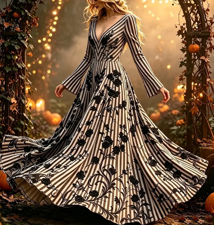 Women's Retro Halloween Striped And Floral V-neck Dress
