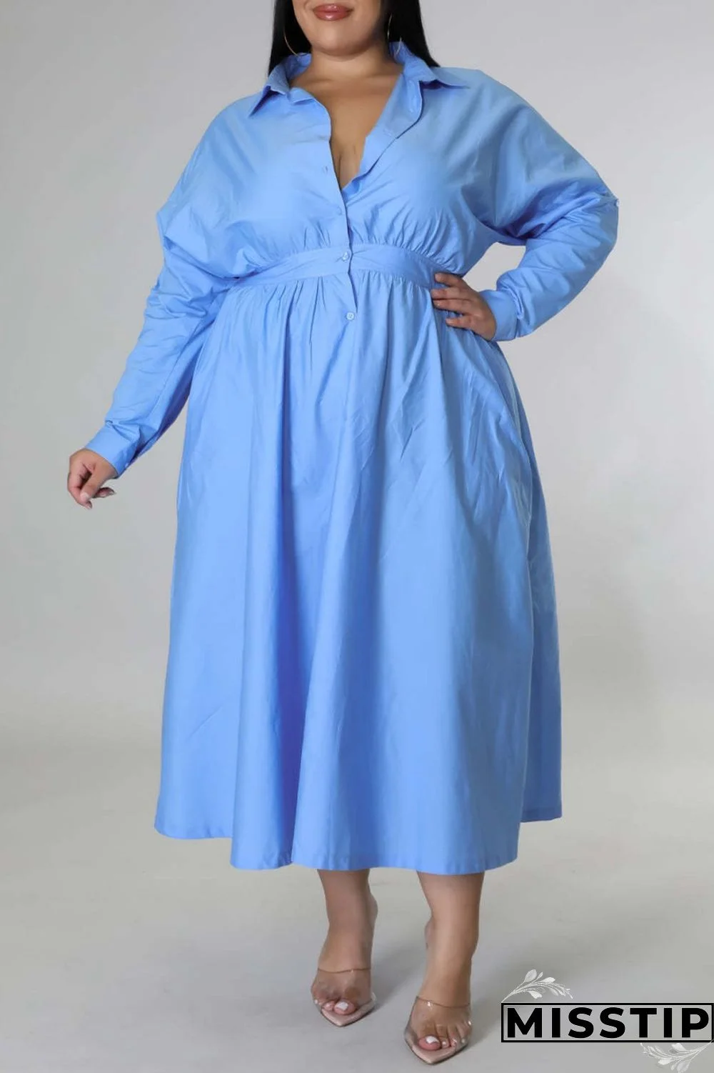 Blue Casual Solid Patchwork Turndown Collar Shirt Dress Plus Size Dresses