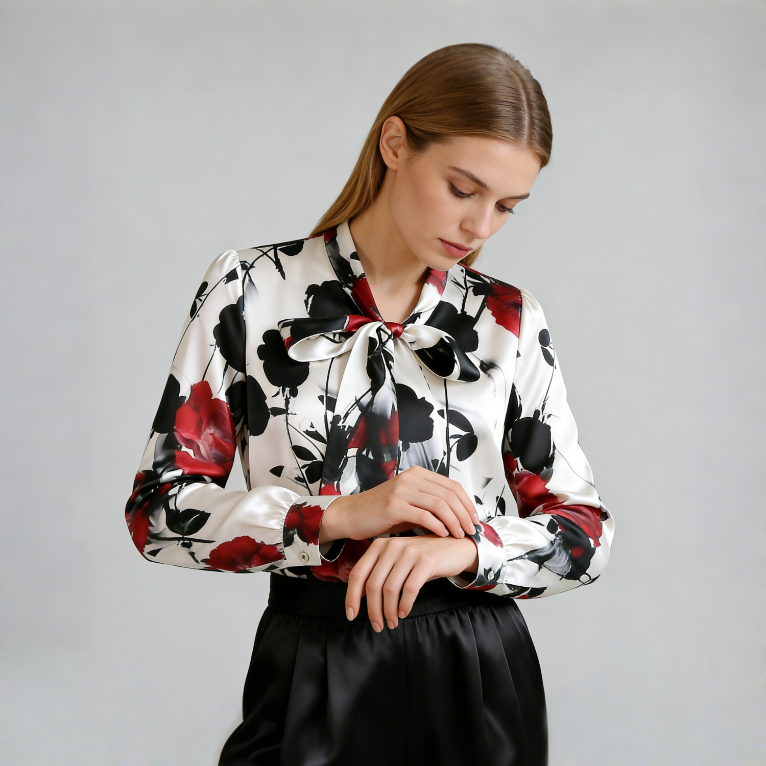Print V-neck Silk Ribbon Blouse Red REAL SILK LIFE