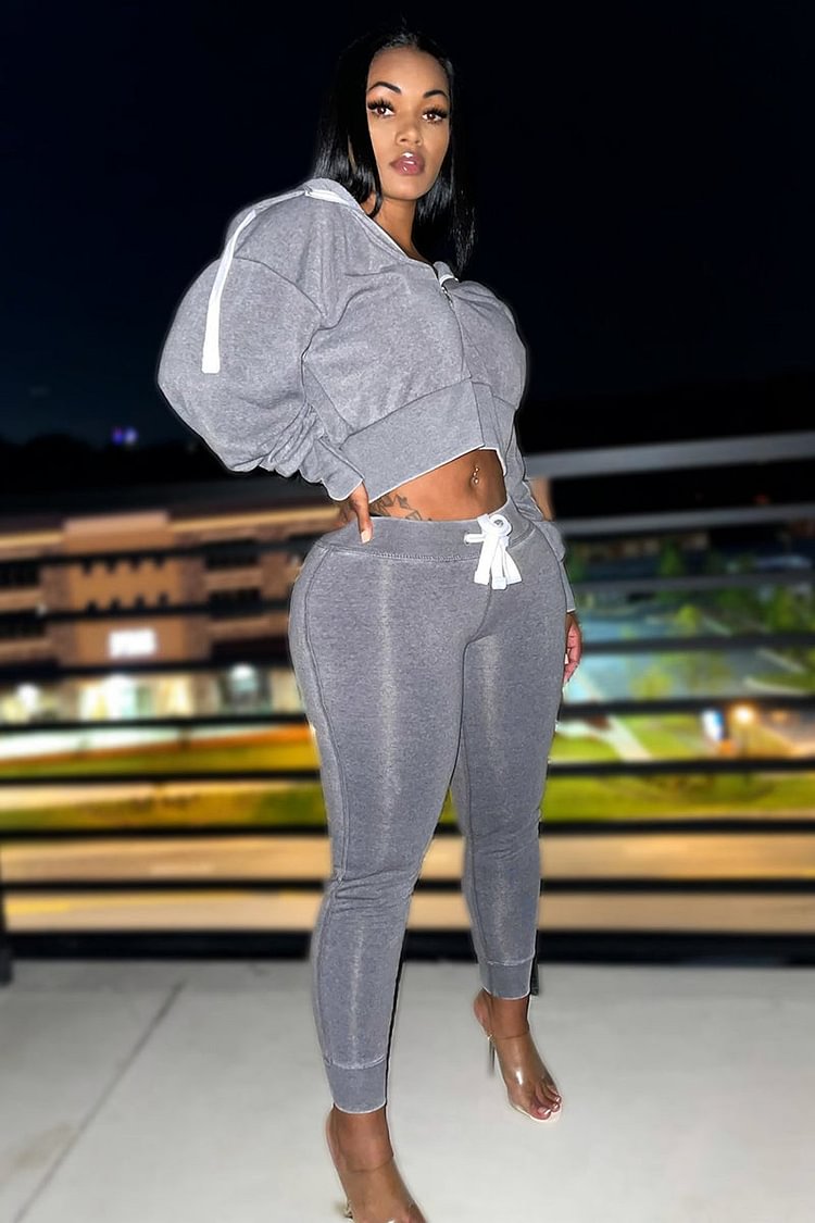Casual Crop Long Sleeve Hoodie Top Two-Piece Pants Set