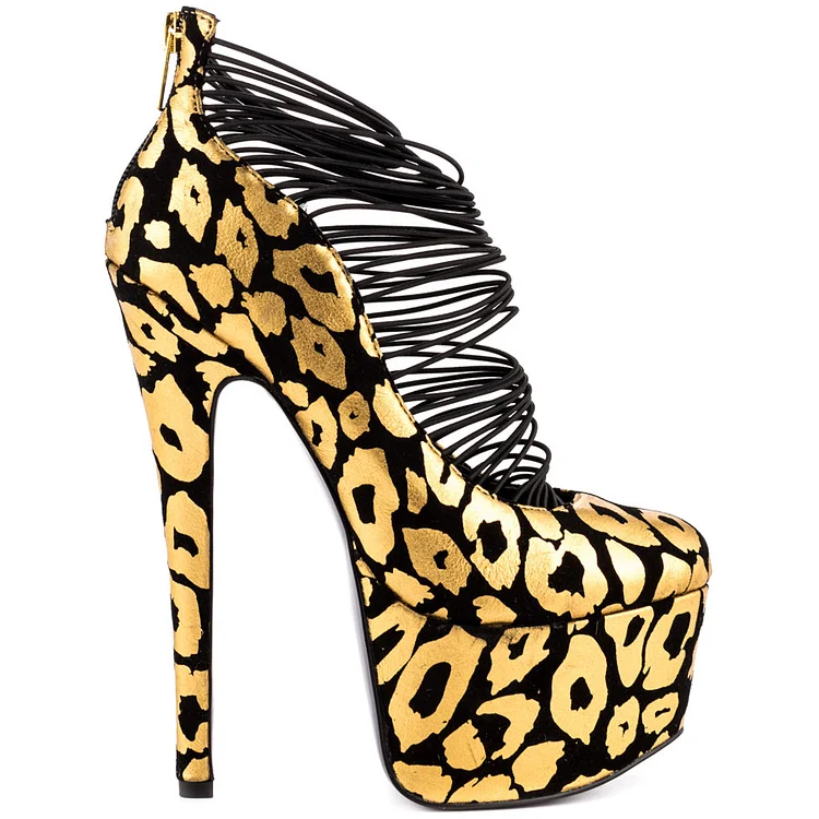 Leopard Print Strappy Golden Platform Stripper Heels Vdcoo