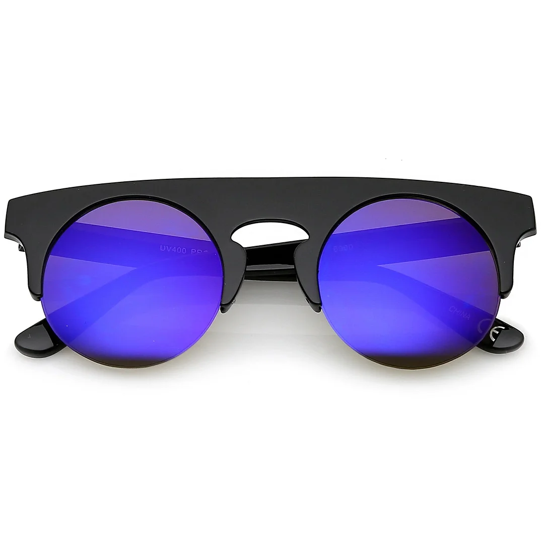 Modern Flat Top Horn Rimmed Round Flat Lens Semi Rimless glasses 48mm