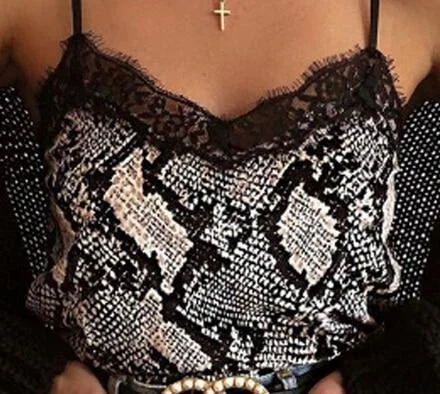 Women Sexy Sleeveless V Neck Leopard Print Snake Print Cami Lace Patchwork Slim Club Party Camisole