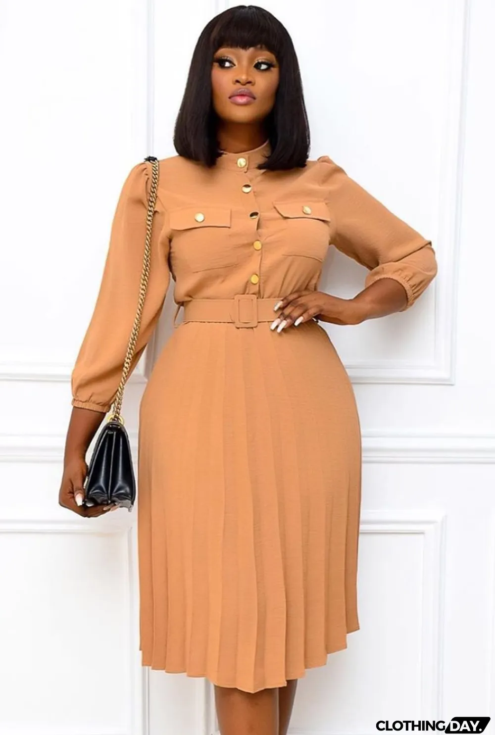 Autumn Professional Khaki Pleated Office Dress with Belt