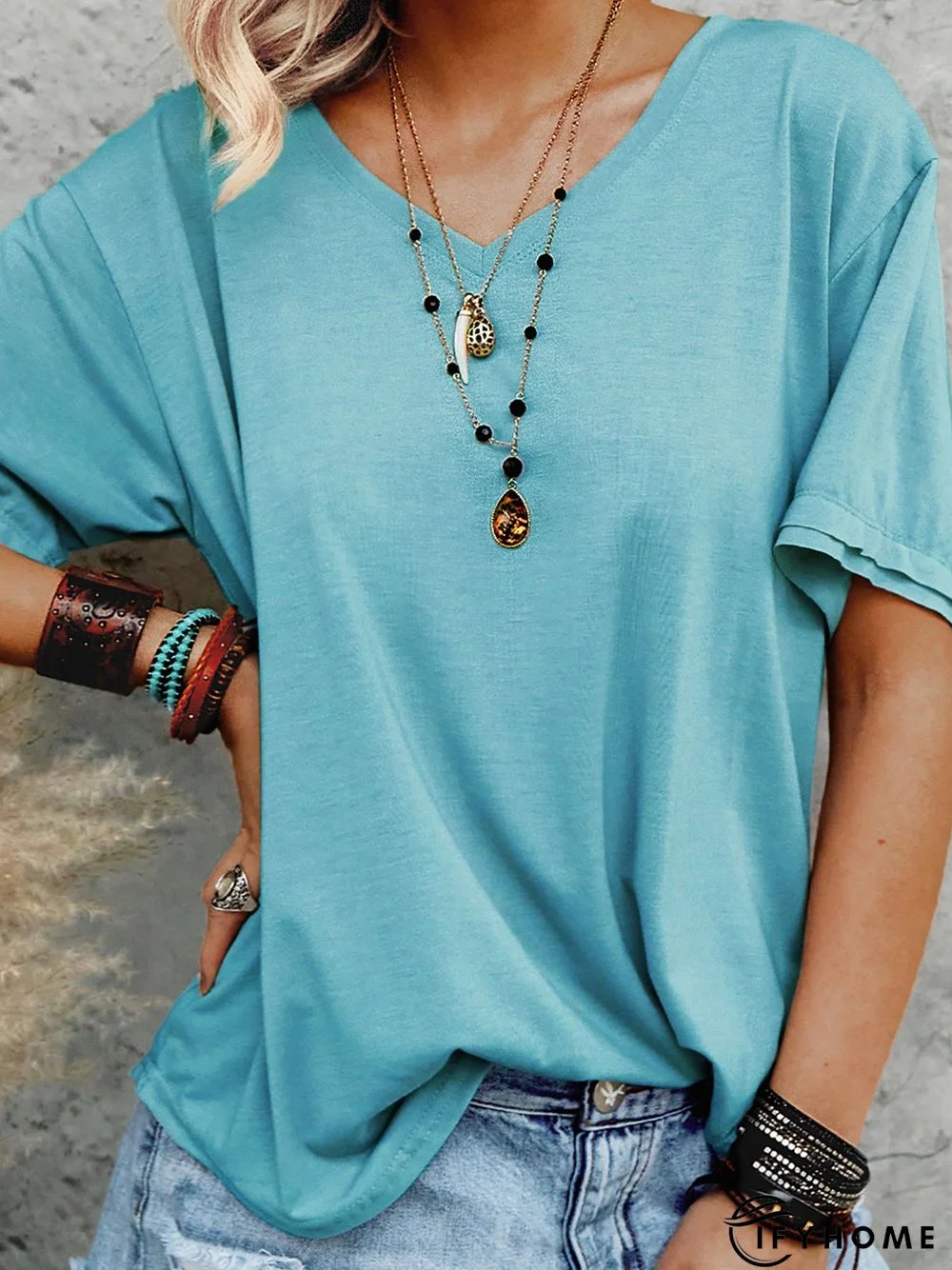 Cotton Holiday Short Sleeve V Neck T-shirt | IFYHOME