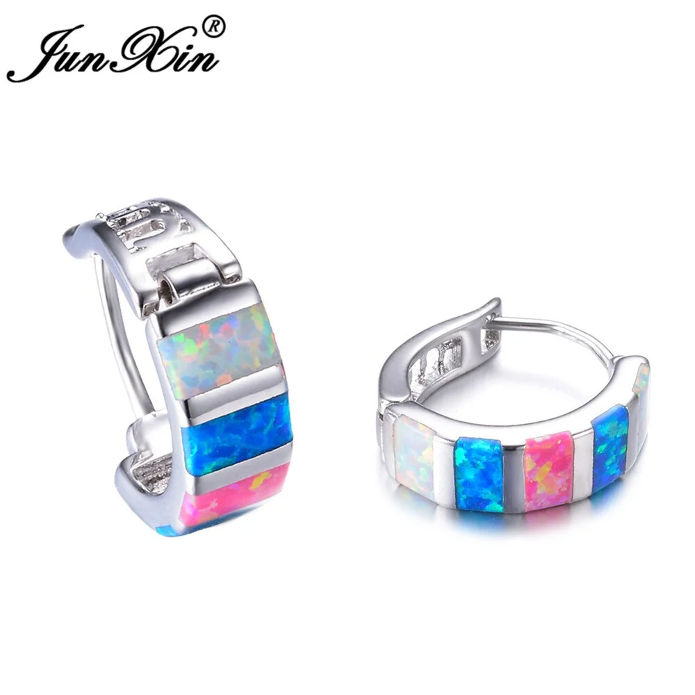 JUNXIN Female 3 Color Opal Hoop Earrings Silver Color Circle Earrings For Women Fashion Wedding Party Jewelry Accessories