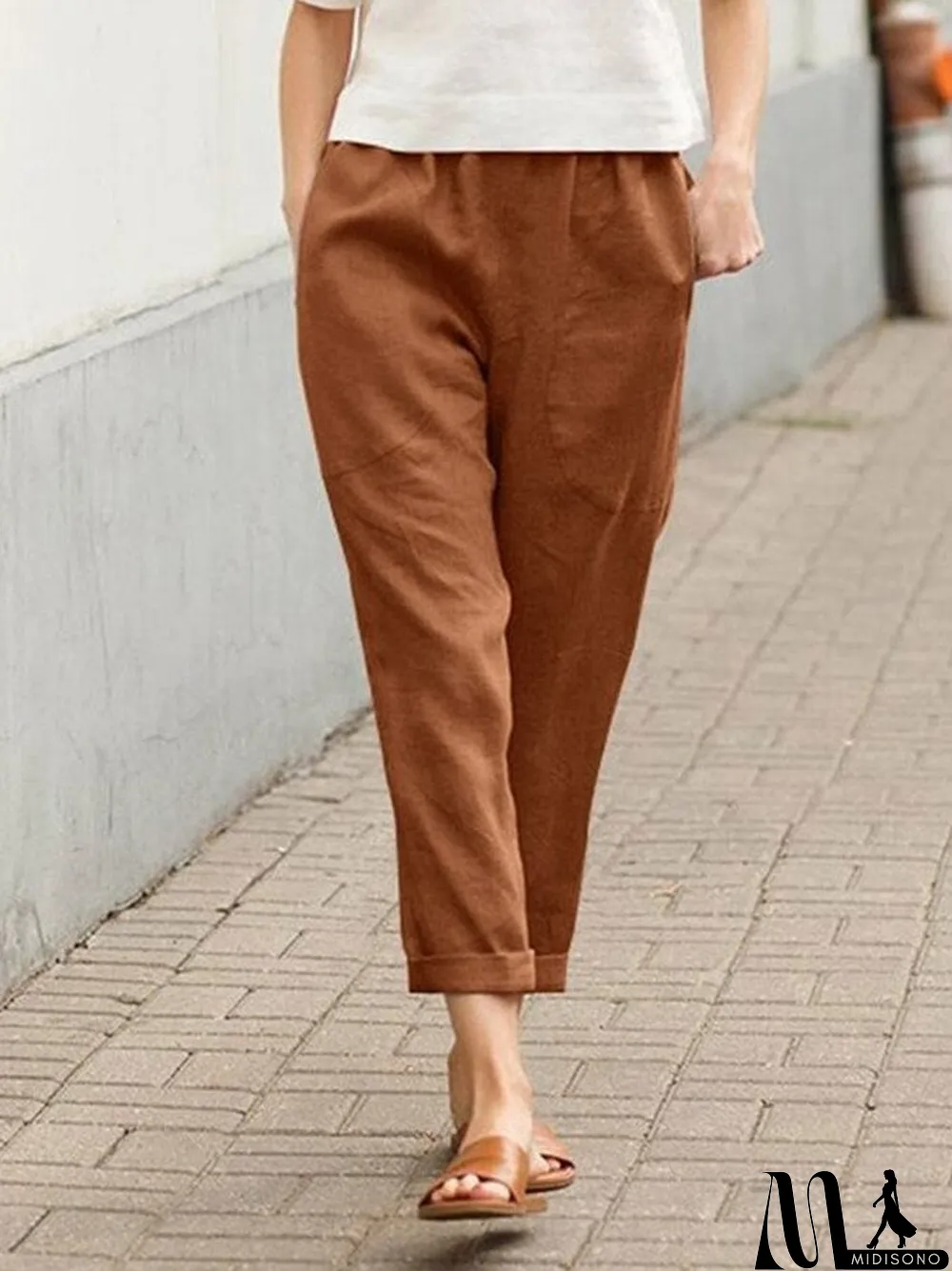 MidiSono - Women's Cotton Linen Solid Color Casual Pants