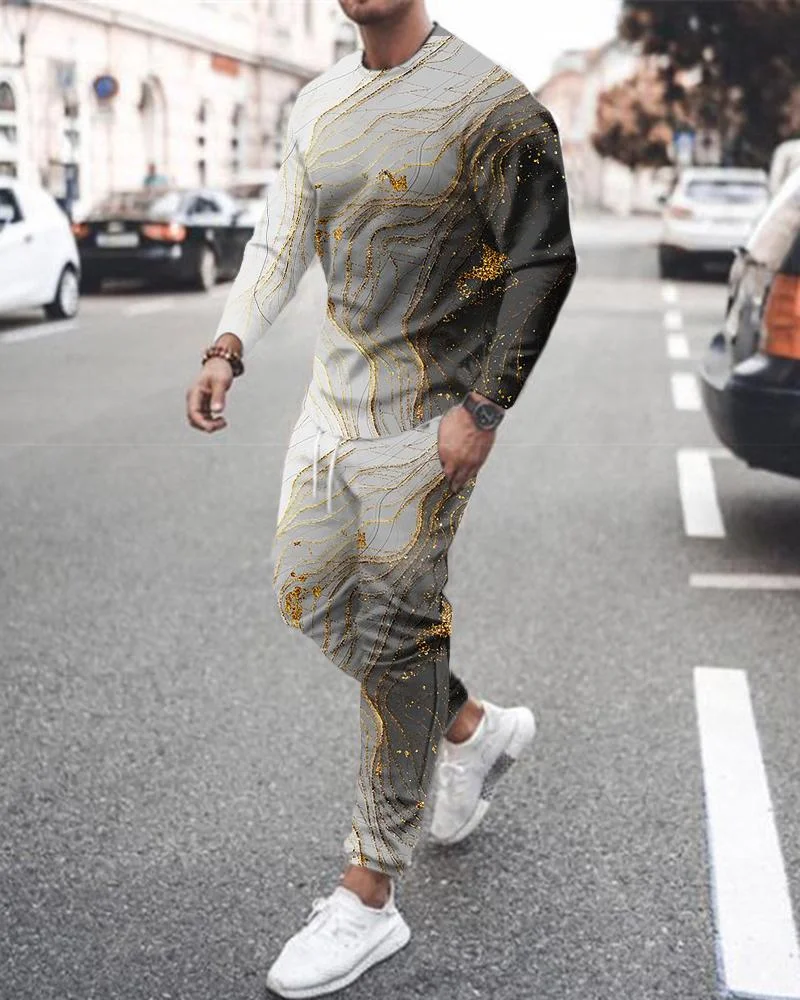 Men's Fashion Marble Gradient Printing Long-sleeved Suit