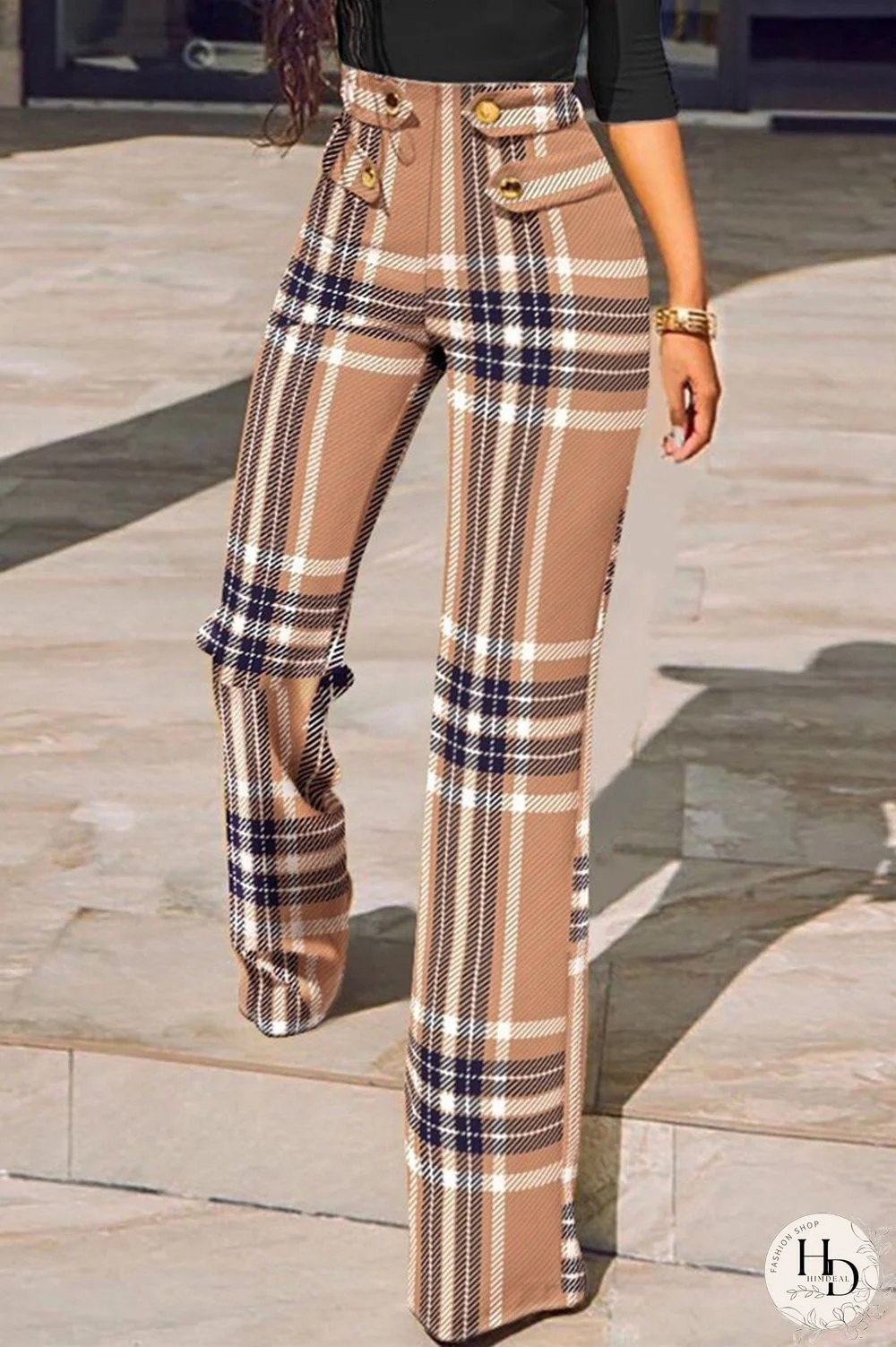 Khaki Fashion Casual Print Patchwork Straight High Waist Conventional Full Print Bottoms