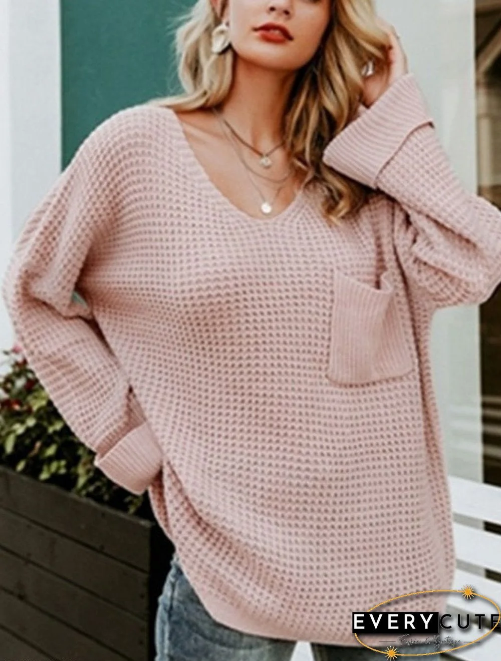 Casual Soft Pocket V-neck Long Sleeve Pullover